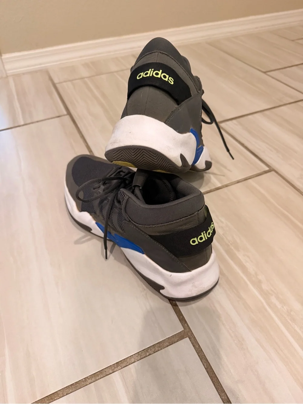 Adidas Men’s  Grey Athletic Sneakers with Blue and Neon Yellow Accents